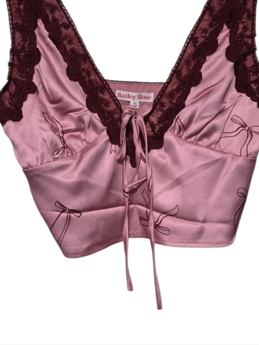 Bailey Rose Pink Satin Bow Print Lace Corset Crop Top Size M NWT